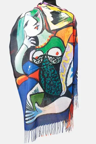 Esarfa cashmere cu fir de lurex, doua fete imprimata cu model inspirat dupa Femeie cu carte lui Picasso