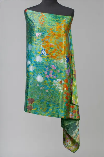 Esarfa cu doua fete, din matase, imprimata cu model inspirat dupa Camp cu maci de Claude Monet