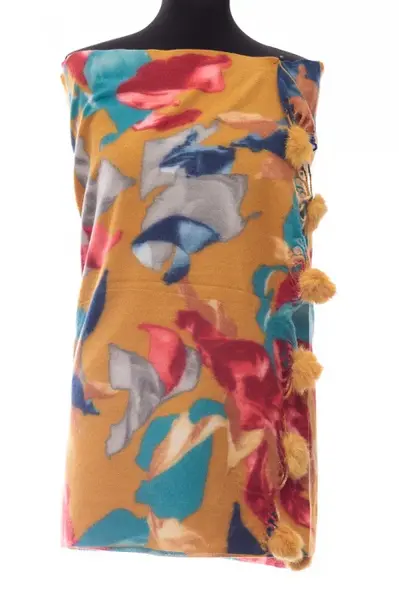 Esarfa din casmir cu ciucuri din blanita naturala, multicolor pe fond mustar