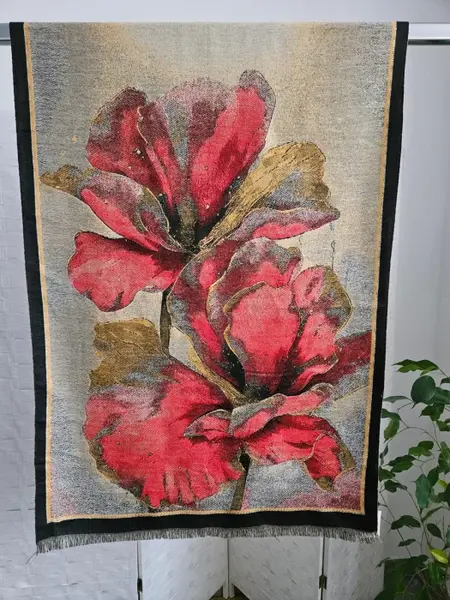 Esarfa din lana si bumbac cu imprimeu floral rosu, gama de lux