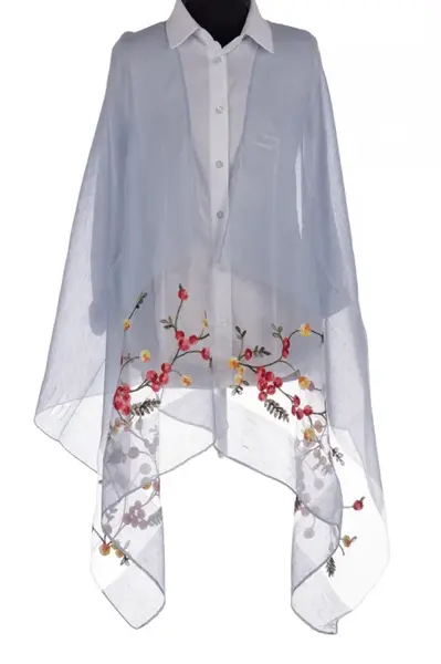 Esarfa din matase bleu, cu broderie flori pe fond transparent de organza