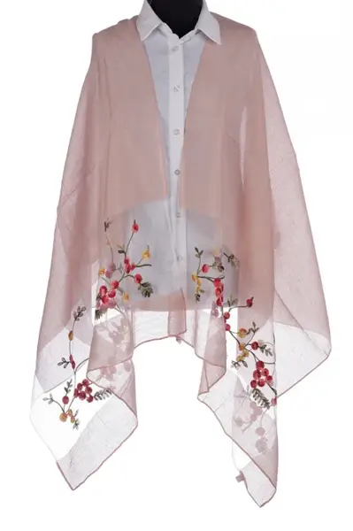 Esarfa din matase roz, cu broderie flori pe fond transparent de organza
