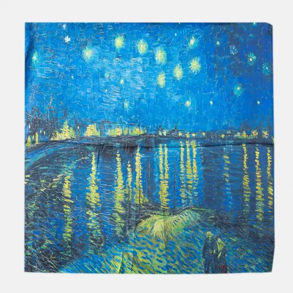 Esarfa patrata cu o singura fata imprimata cu model inspirat dupa Noapte Instelata deasupra Rhonului de Claude Monet
