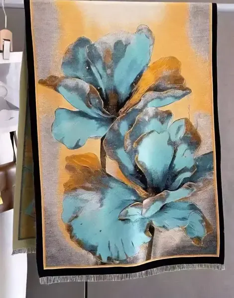 Esarfa premium din lana si bumbac cu imprimeu floral cu turcoaz si galben