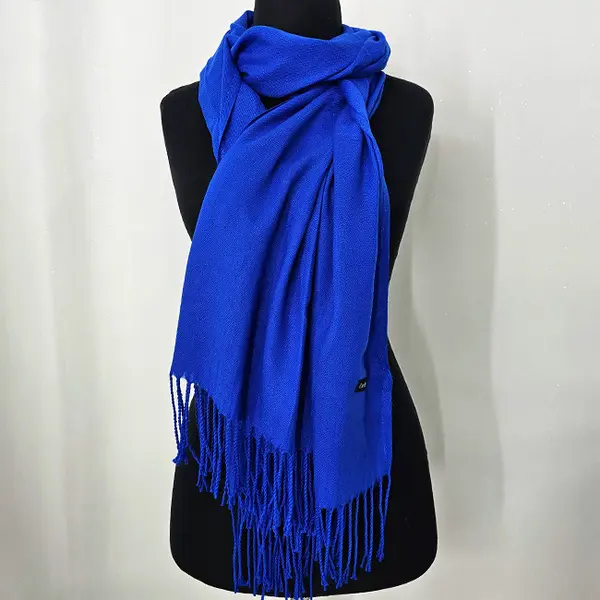 Esarfa tip sal Belladona, din material subtire, cu franjuri si emblema, Albastru, 180x65 cm