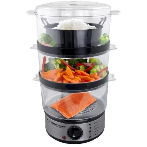 ESPERANZA Aparat de gatit cu aburi cu 3 tavi si vas orez, corp din inox, timer, capac anti-picurare, protectie impotriva supraincalzirii
