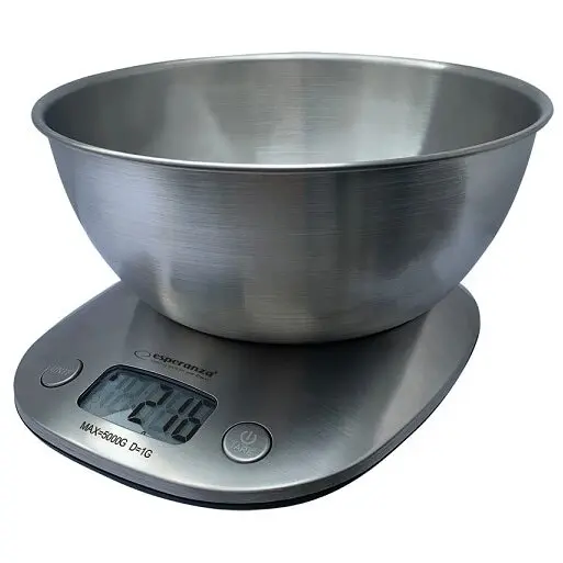 ESPERANZA Cantar de bucatarie electronic cu bol inox 2 litri EKS008 cantarire lichide si solide max. 5 kg, diviziune 1g, functie tare si zero, oprire automata