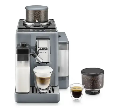 Espressor automat De'Longhi Rivelia EXAM440.55.G, 1450 W, 19 bar, 1.4 l, Recipient boabe 2 x 250 g, Display tactil TFT 3.5inch, Tehnologia LatteCrema (Gri)