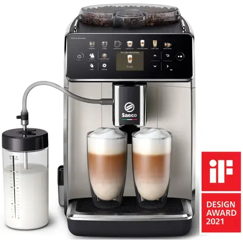 Espressor automat Saeco GranAroma SM6582/30, sistem de lapte Latte Duo, 16 bauturi, ecran TFT color, 6 profiluri utilizator, filtru AquaClean, rasnita ceramica, functie DoubleShot, Crem metalic