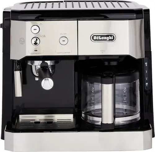 Espressor combi De'Longhi BCO421.S, 1750 W, 1.4 l, 15 bar, pompa espresso si filtru cafea, 10 cesti (Negru/Argintiu)