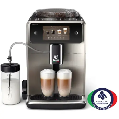 Espressor complet automat Saeco Xelsis Deluxe SM8782/30, 15 bari, 8 profile de utilizator, Interfata Coffee Maestro, Tehnologie BeanMaestro, Conectivitate, Functie LatteDuo, Rasnita ceramica, Filtru Aqua Clean (Negru/Argintiu)