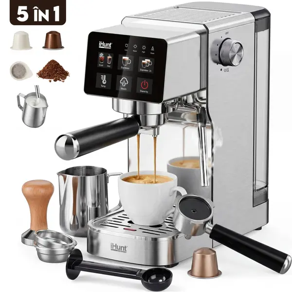 Espressor iHunt Bro Barista Flex 5 in 1, Pompa Ulka 19 Bar, Rezervor Apa 1.2L, Ecran Tactil, Sistem Incalzire Termobloc 1350W, Compatibil cu Cafea Macinata - Capsule - Paduri, Duza Abur, Inox