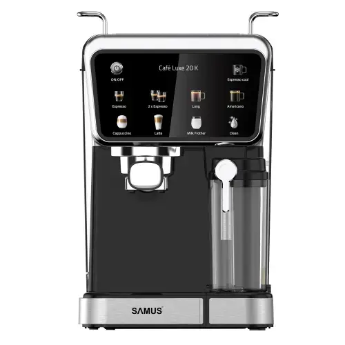 Espressor manual Samus CAFE LUXE 20 K, 1350 W, 20 bari, Rezervor apa 1.5 l, Rezervor lapte 0.5 l, 8 bauturi (Negru/Inox)