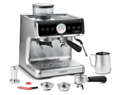 Espressor profesional manual cu rasnita de cafea Polti Coffea G50S, 2,8l, 1550W,15 bar, pentru espresso si cappuccino (Argintiu)