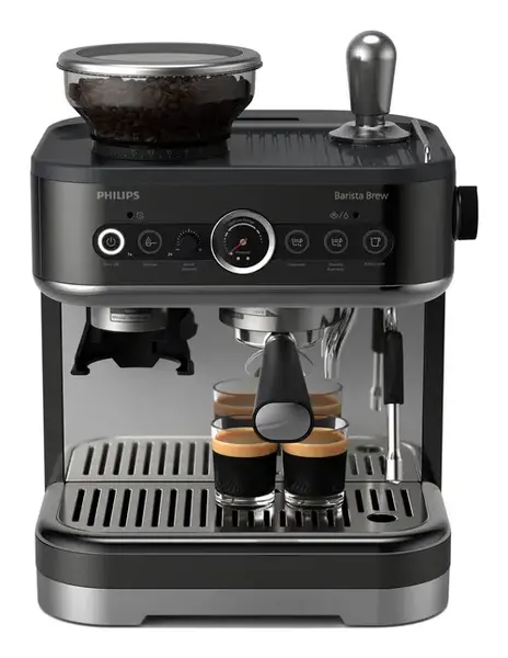 Espressor semi-automat Philips Barista Brew PSA3218/10, 1350 W, 4 buc portfiltre din otel, Rasnita incorporata, 15 setari de macinare, Carafa din otel (Argintiu/Negru)