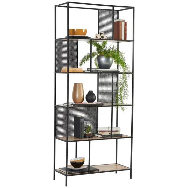 Etajeră, 76/180/33 cm, negru, culoare lemn stejar,