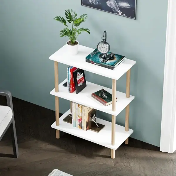 Etajera decorativa cu 3 rafturi si picioare din lemn – ideala ca biblioteca sau masuta laterala