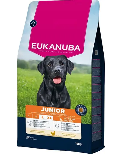 EUKANUBA Junior Large Breeds Chicken 15 kg hrană câini tineri rase mari, bogată în pui proaspăt