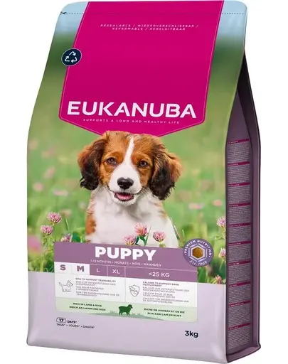 EUKANUBA Puppy Small Medium Breeds Lamb Rice 3 kg hrană căței mici și medii, cu miel și orez