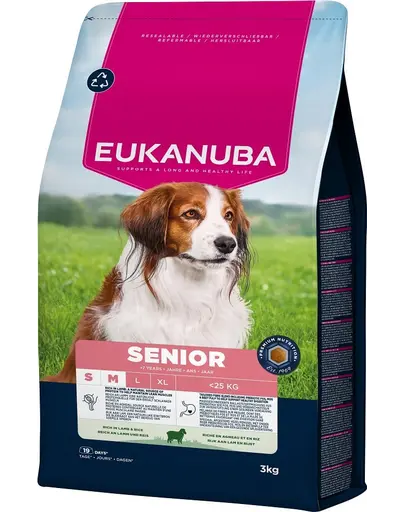 EUKANUBA Senior Small Medium Breeds Lamb Rice 3 kg hrană câini în vârstă de rase mici și medii bogată în carne de miel și orez