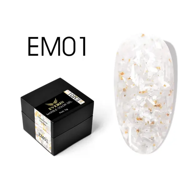 Everin Marble Color Gel EM01 – Gel color efect marmură, fulgi albi & accente aurii (5g)