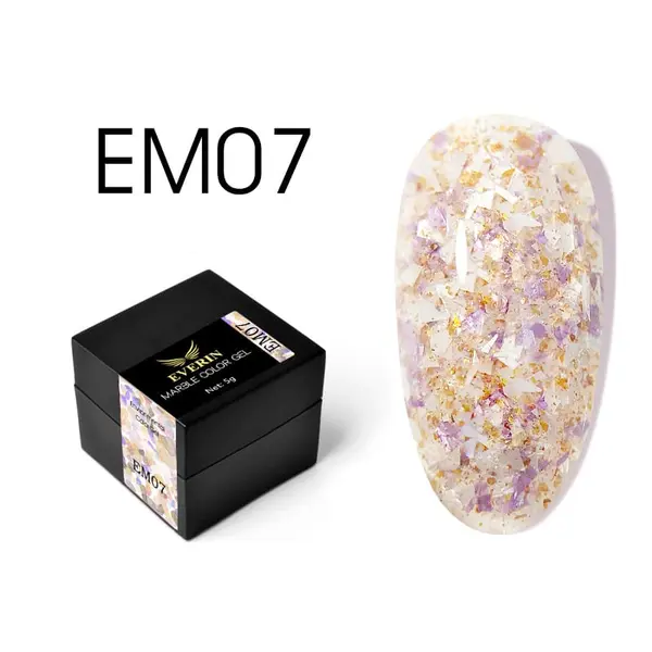 Everin Marble Color Gel EM07 – Gel color cu efect marmurat mov-lavandă și fulgi aurii (5g)