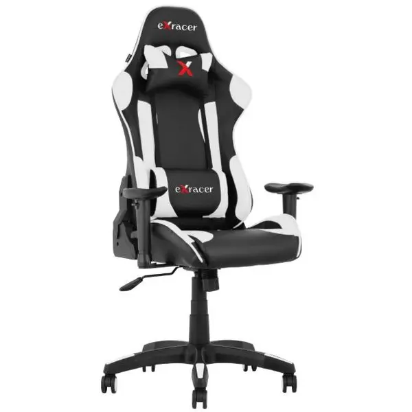 evo Scaun gaming EVO Racer X, brate reglabile, suport cervical si lombar, PU, Alb/Negru