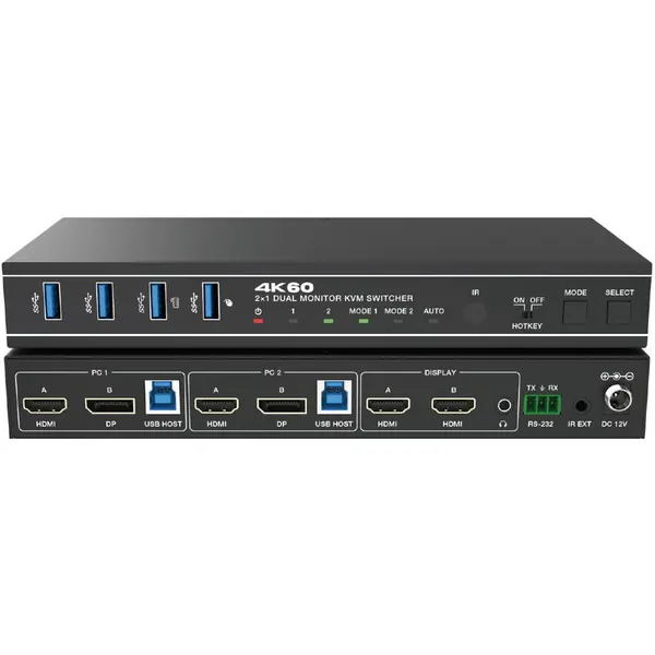 EVOCONNECT Switcher KVM 2x1,Dual=HDMI+DisplayPort=4K@60 Monitor,18Gbps,HDCP2.3,HDR/HDR10/HDR10+/Dolby Vision,RS232 si telecomanda