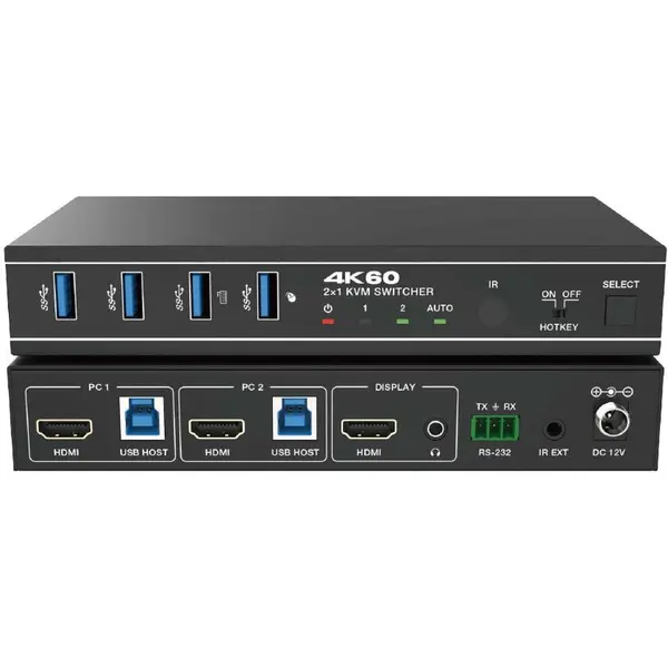 EVOCONNECT Switcher KVM 2x1, HDMI 4K@60, 18Gbps, HDCP2.3, HDR/HDR10/HDR10+/Dolby Vision, cu RS232 si telecomanda