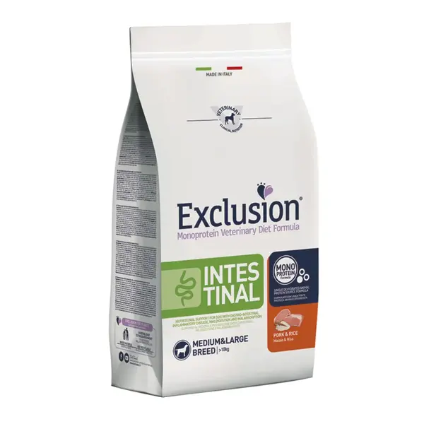 EXCLUSION Monoprotein VD Intestinal Medium&Large M-XL, Porc și Orez, dietă veterinară, hrană uscată câini, sistem digestiv, 12kg