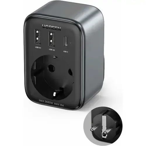Extender priza Ugreen, 220V AC, 3680W, Quick Charger, 2x USB-A, 1x USB-C 30W, Negru