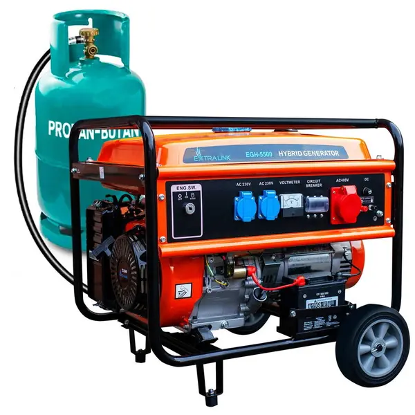 EXTRALINK Generator EXTRALINK EGH-5000, Benzina/Gaz, 5.5kW, 25L, Trifazat, autonomie 11h, Negru/Portocaliu