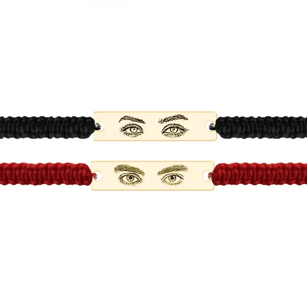 Eyes - Set bratari personalizate cu fotografia ochilor si tablita cu snur impletit din argint 925 placat cu aur galben 24K