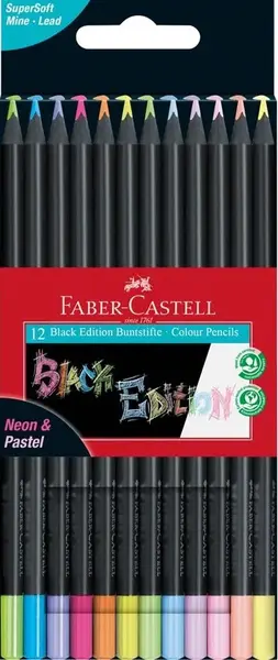 FABER-CASTELL BLACK EDITION CREIOANE 12 CULORI NEON ȘI CREIOANE COLORATE