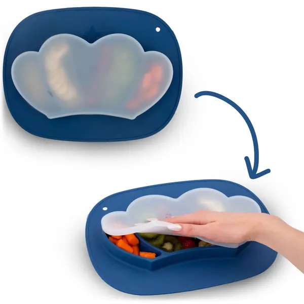 Farfurie compartimentata Ricokids Albastru royal cu capac din silicon ,fara bpa,potrivit pentru masina de vase si microunde