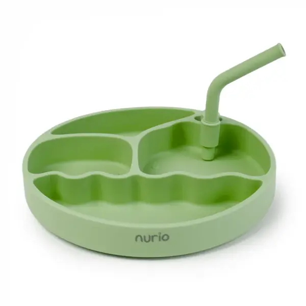 Farfurie din Silicon cu Pai pentru Copii - Verde - Nurio