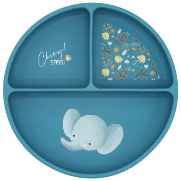 Farfurie din silicon cu ventuză Sassi - Chewy The Elephant, albastru