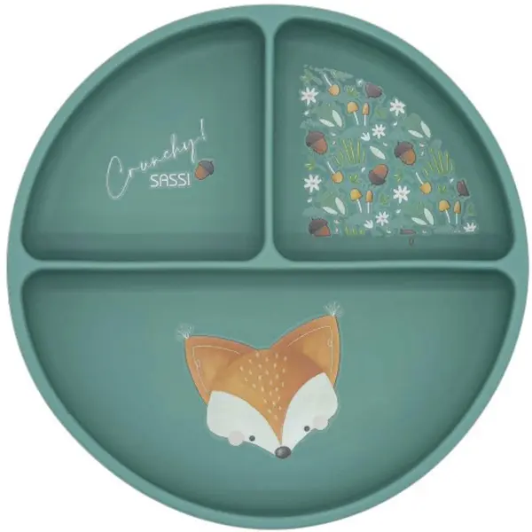 Farfurie din silicon cu ventuză Sassi - Crunchy The Fox, verde