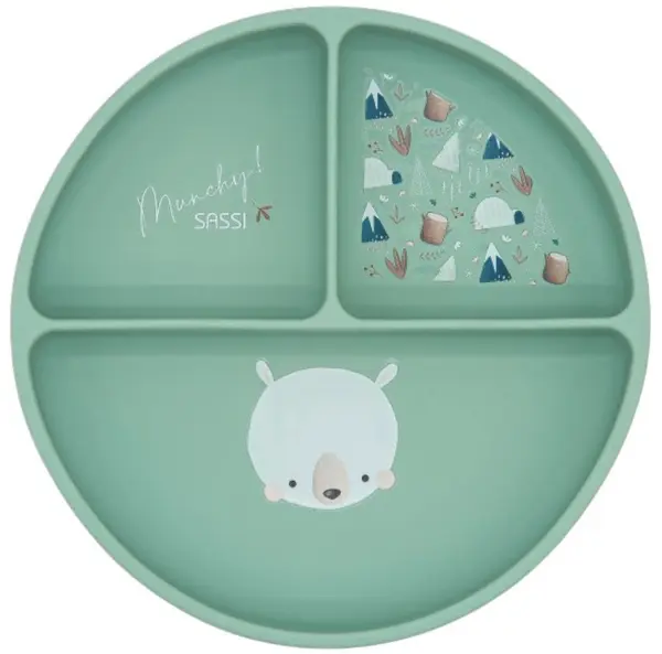 Farfurie din silicon cu ventuză Sassi - Munchy the Bear, verde