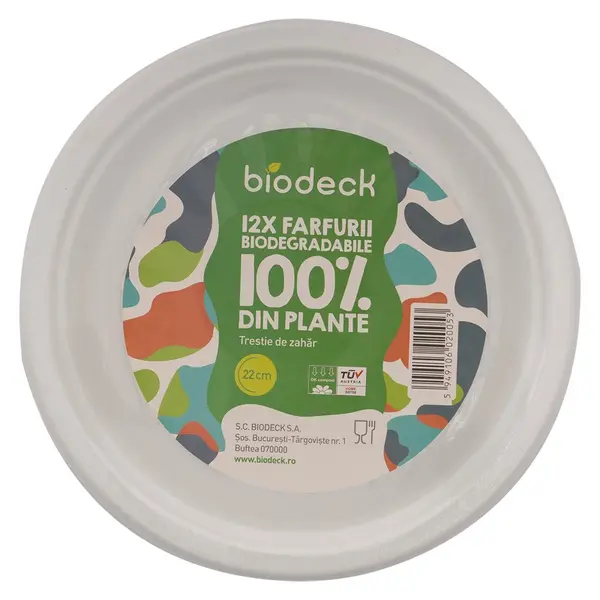 Farfurii Biodegradabile, Compostabile, Rotunde, Albe, 22 cm, 12 buc