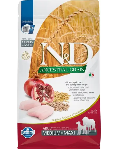 FARMINA N&D Ancestral Grain dog Adult Medium & Maxi Chicken & pomegranate Hrana uscata pentru caini de talie medie si mare, cu rodie si pui 2,5 kg