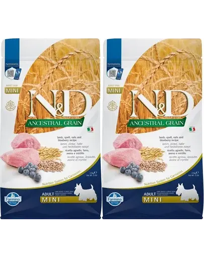 FARMINA N&D Ancestral Grain Lamb & Blueberry Adult Mini dog alimente caini rasa mica 2 x 2,5 kg