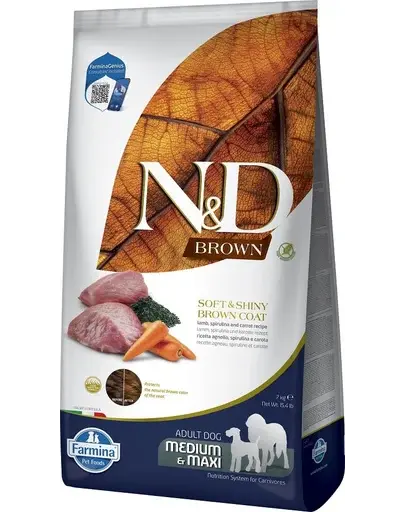 FARMINA N&D Brown Dog Adult Medium Maxi Lamb, Spirulina, Carrot 7 kg Hrana caine talie medie si mare, cu blana inchisa la culoare