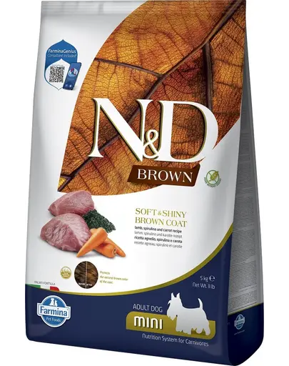 FARMINA N&D Brown Dog Adult Mini Lamb, Spirulina, Carrot 5 kg Mancare pentru caini tallie mica, cu blana inchisa la culoare