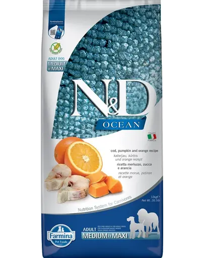 FARMINA N&D Dog Ocean Adult Medium &Maxi Hrana uscata pentru caini de talie medie si mare, cu cod si dovleac 12 kg