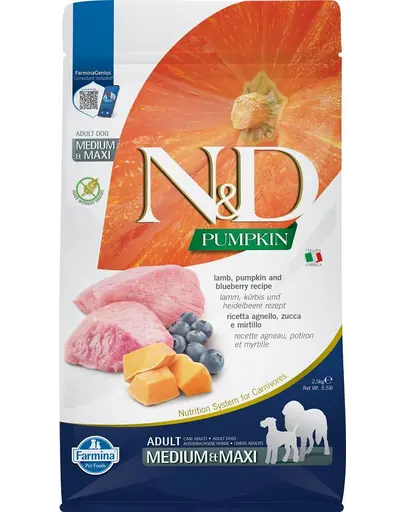 FARMINA N&D Hrana pentru caini adulti talie medie sau mare, cu dovleac, miel si afine 2,5 kg