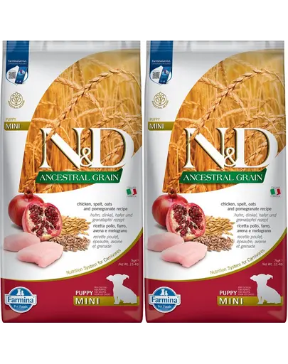 FARMINA N&D Low Grain Chicken & Pomegranate Mini Puppy 2 x 7 kg hrana uscata caini juniori talie mica, pui si rodie