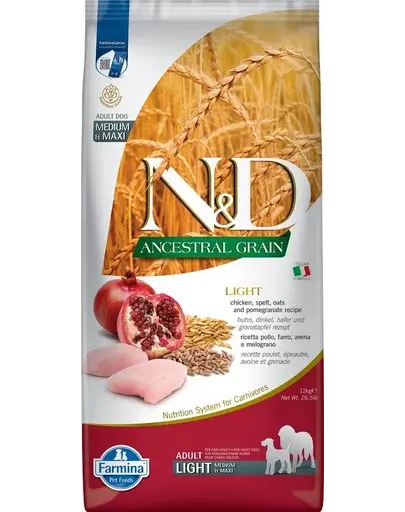 FARMINA N&D Low Grain Light Adult Medium/Maxi Sac hrana uscata pentru caini talie medie sau mare, cu pui si rodie 12 kg
