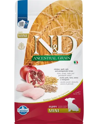 FARMINA N&D Mini Puppy Low Grain Chicken&Pomegranate hrana uscata caini juniori talie mica, pui si rodie 2.5 kg
