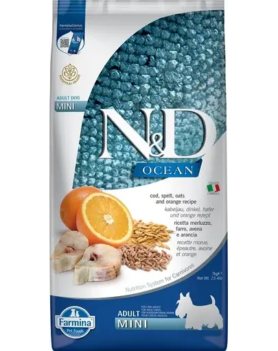FARMINA N&D Ocean Adult Mini cu cod, spelat, ovăz, portocale 7 kg